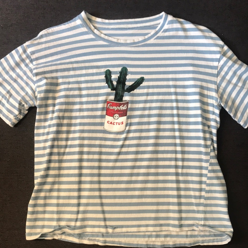 Cactus in a soup can, striped t-shirt. Size medium